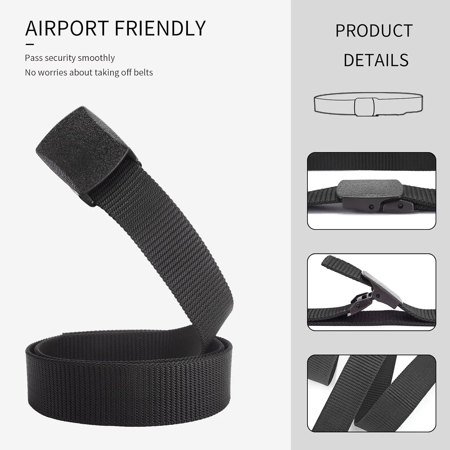 2-Pack Tactical Nylon Military Web Belt - TSA Approved Non-Metal Nickel Free Hypoallergenic Plastic Belt Buckles