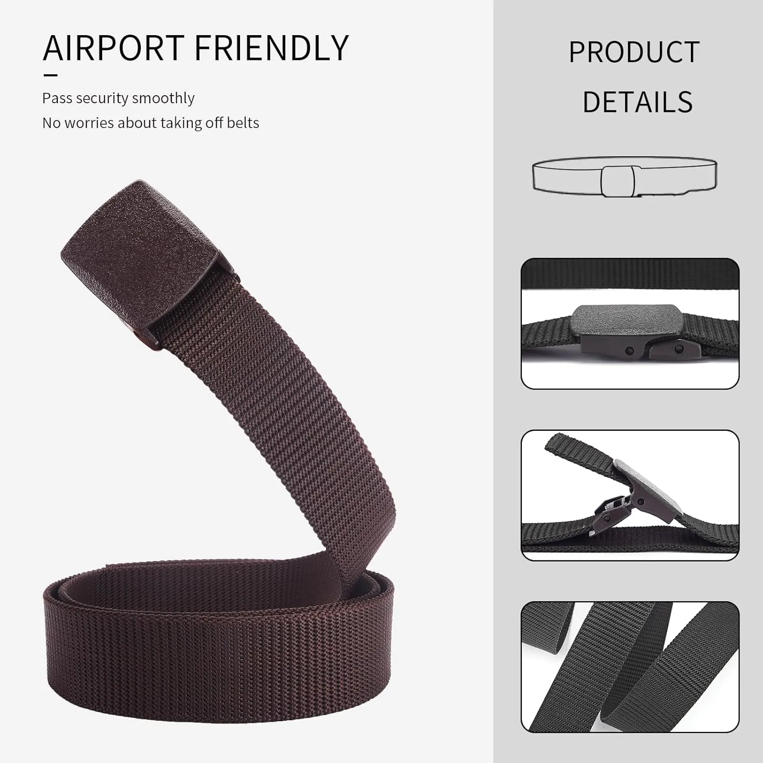 2-Pack Tactical Nylon Military Web Belt - TSA Approved Non-Metal Nickel Free Hypoallergenic Plastic Belt Buckles