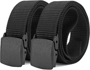 2-Pack Tactical Nylon Military Web Belt - TSA Approved Non-Metal Nickel Free Hypoallergenic Plastic Belt Buckles