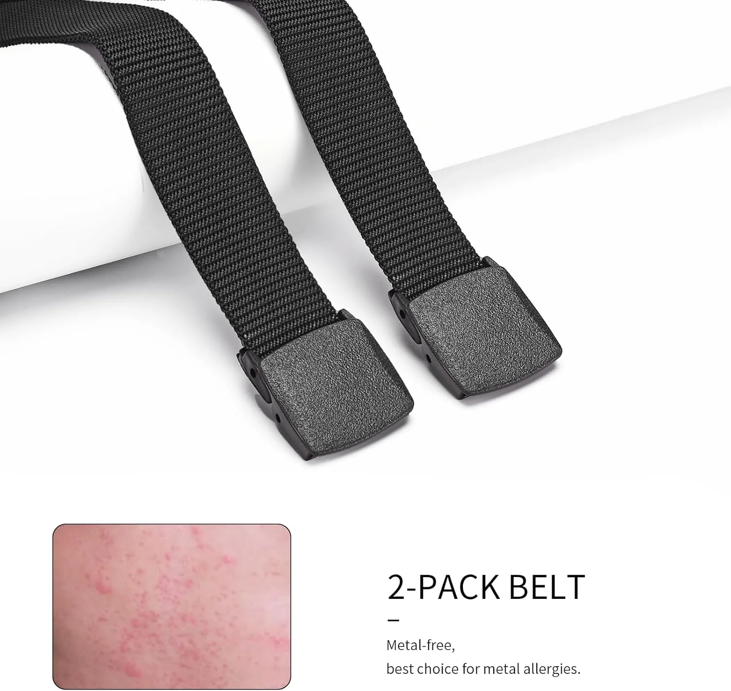 2-Pack Tactical Nylon Military Web Belt - TSA Approved Non-Metal Nickel Free Hypoallergenic Plastic Belt Buckles