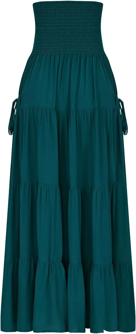 2025 Summer Womens Boho Maxi Skirts Casual Loose Pleated Long Skirts with Pockets Fashion Stretch Ruffle A Line Skirt