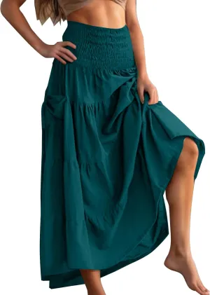 2025 Summer Womens Boho Maxi Skirts Casual Loose Pleated Long Skirts with Pockets Fashion Stretch Ruffle A Line Skirt