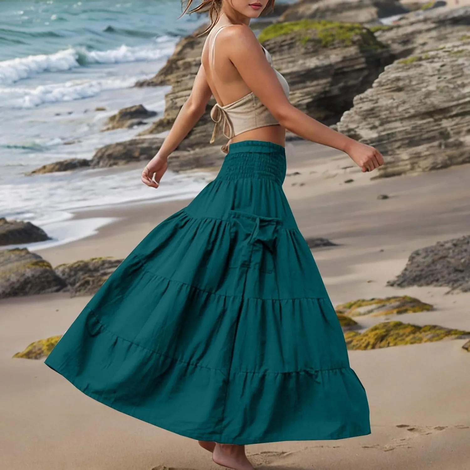 2025 Summer Womens Boho Maxi Skirts Casual Loose Pleated Long Skirts with Pockets Fashion Stretch Ruffle A Line Skirt