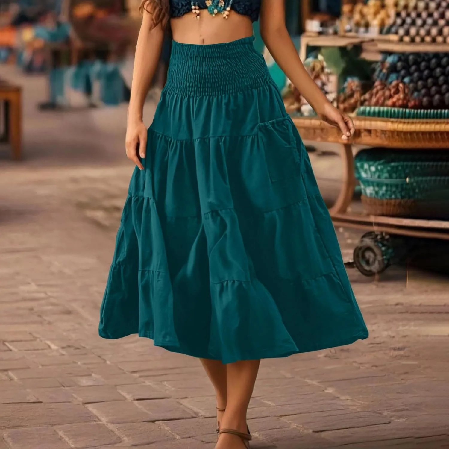 2025 Summer Womens Boho Maxi Skirts Casual Loose Pleated Long Skirts with Pockets Fashion Stretch Ruffle A Line Skirt