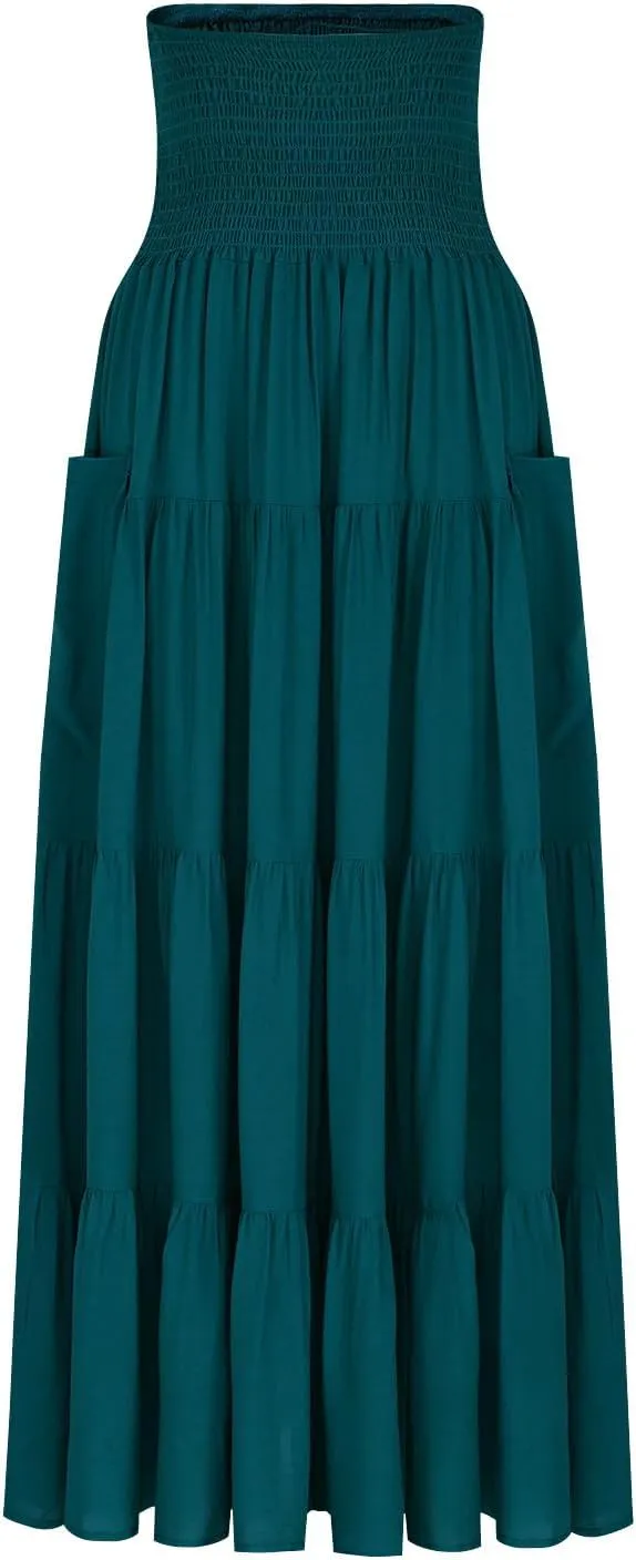 2025 Summer Womens Boho Maxi Skirts Casual Loose Pleated Long Skirts with Pockets Fashion Stretch Ruffle A Line Skirt