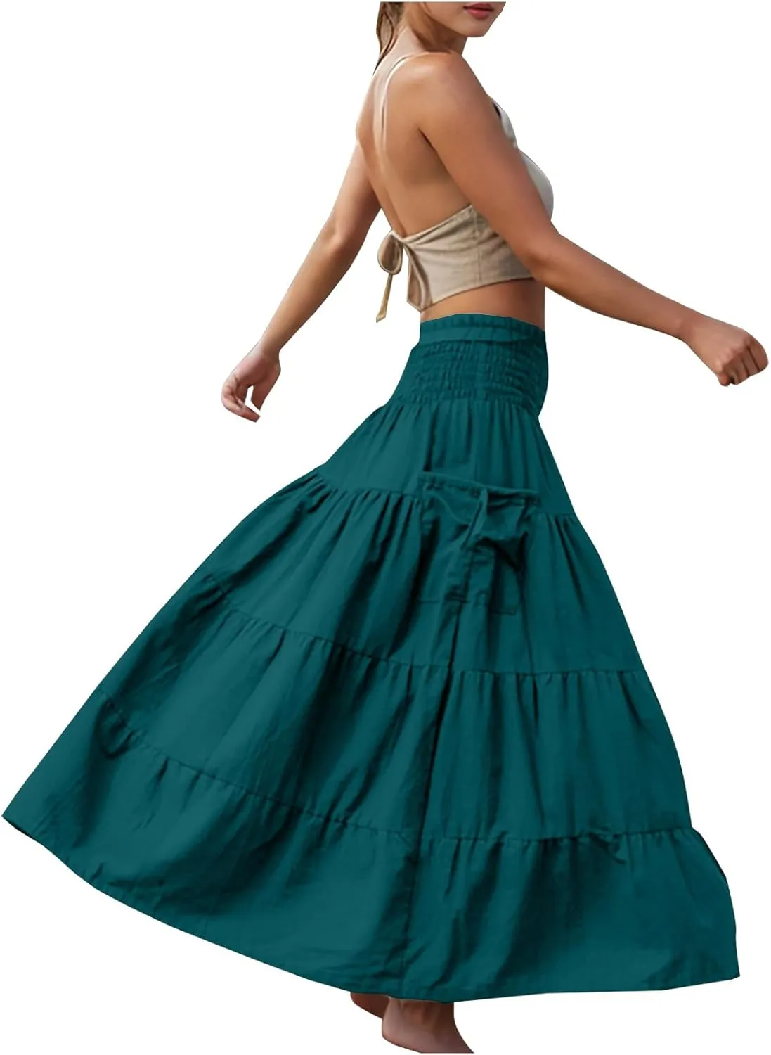 2025 Summer Womens Boho Maxi Skirts Casual Loose Pleated Long Skirts with Pockets Fashion Stretch Ruffle A Line Skirt