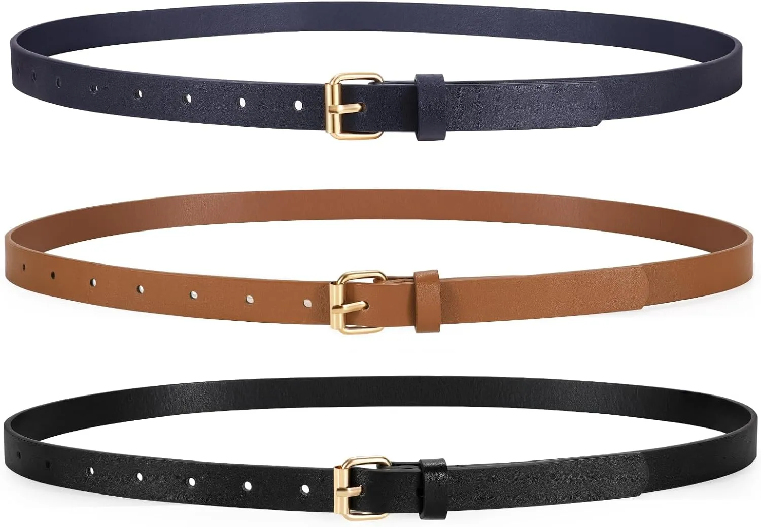 3 Pack Women Skinny Leather Belt for Jeans Pants Dress Ladies Thin Waist Belt with Gold Buckle