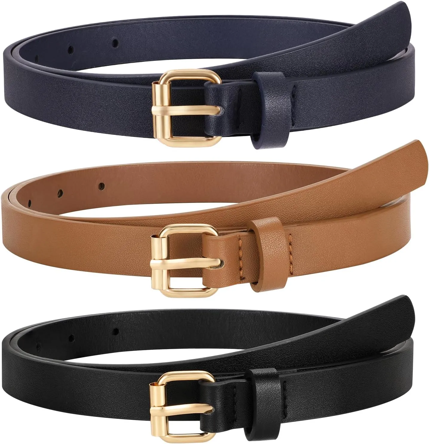 3 Pack Women Skinny Leather Belt for Jeans Pants Dress Ladies Thin Waist Belt with Gold Buckle