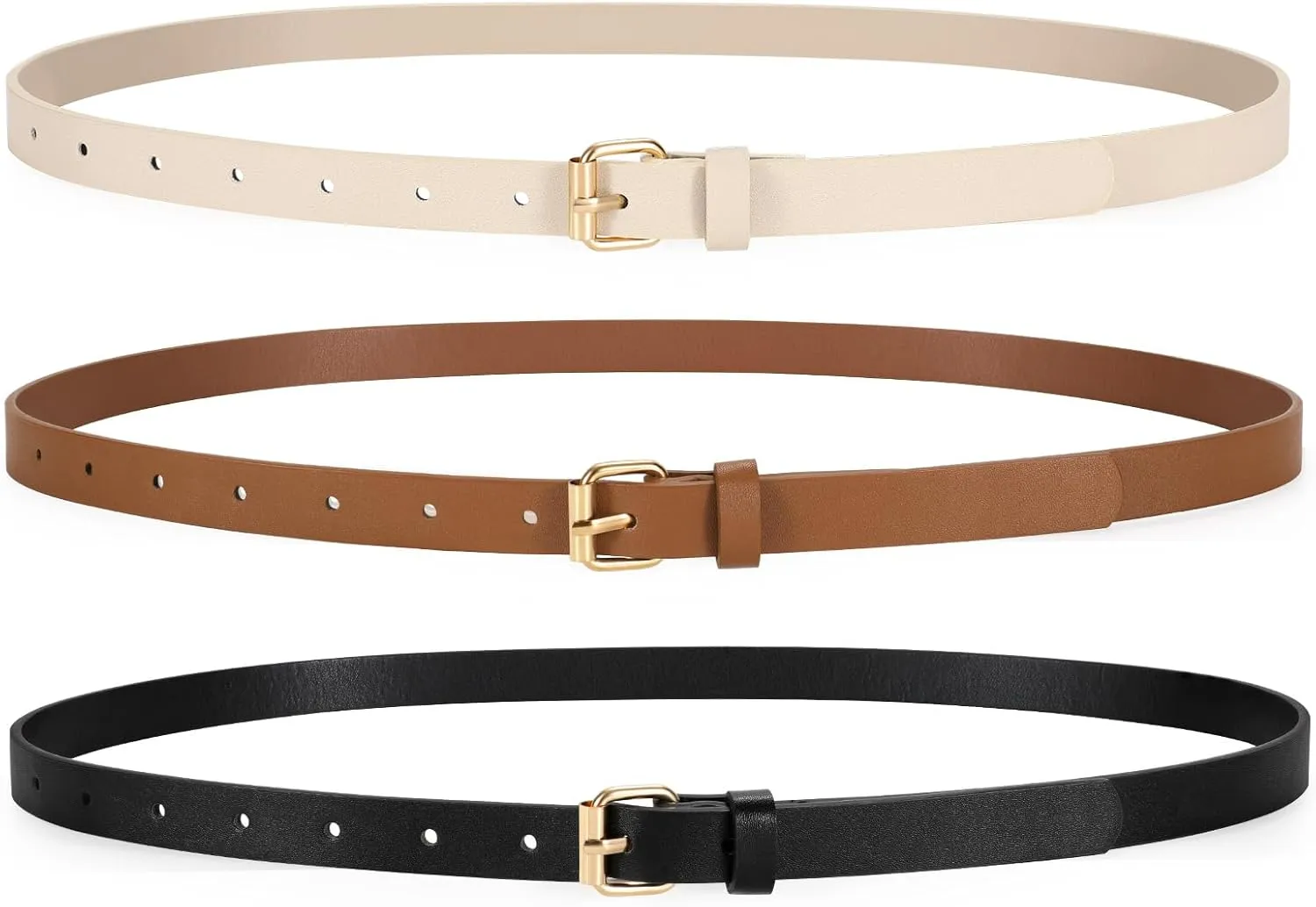 3 Pack Women Skinny Leather Belt for Jeans Pants Dress Ladies Thin Waist Belt with Gold Buckle