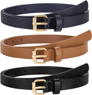 3 Pack Women Skinny Leather Belt for Jeans Pants Dress Ladies Thin Waist Belt with Gold Buckle