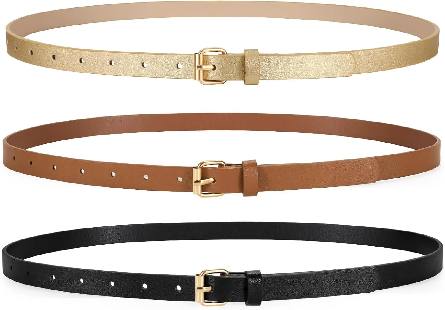 3 Pack Women Skinny Leather Belt for Jeans Pants Dress Ladies Thin Waist Belt with Gold Buckle