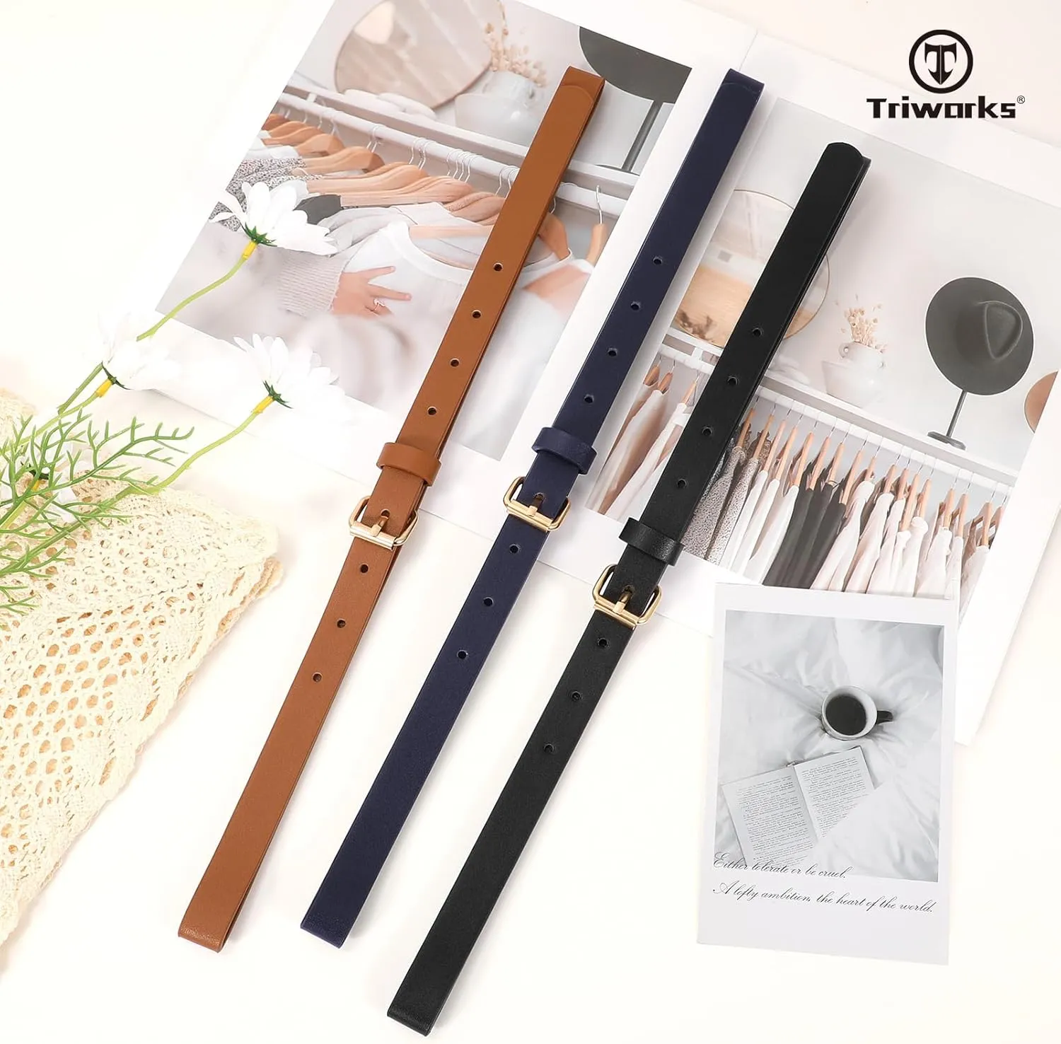 3 Pack Women Skinny Leather Belt for Jeans Pants Dress Ladies Thin Waist Belt with Gold Buckle