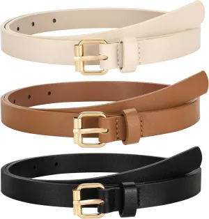 3 Pack Women Skinny Leather Belt for Jeans Pants Dress Ladies Thin Waist Belt with Gold Buckle
