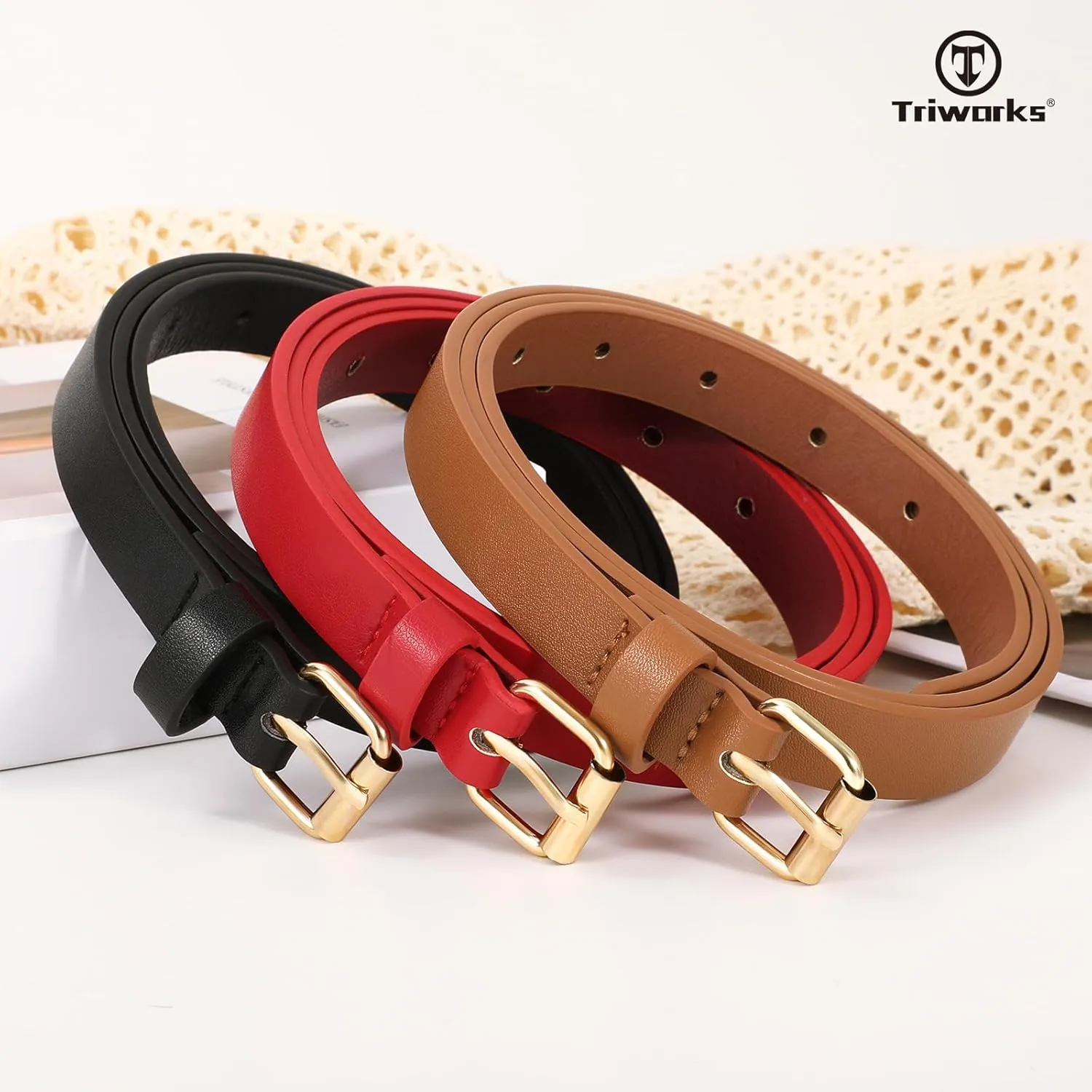 3 Pack Women Skinny Leather Belt for Jeans Pants Dress Ladies Thin Waist Belt with Gold Buckle