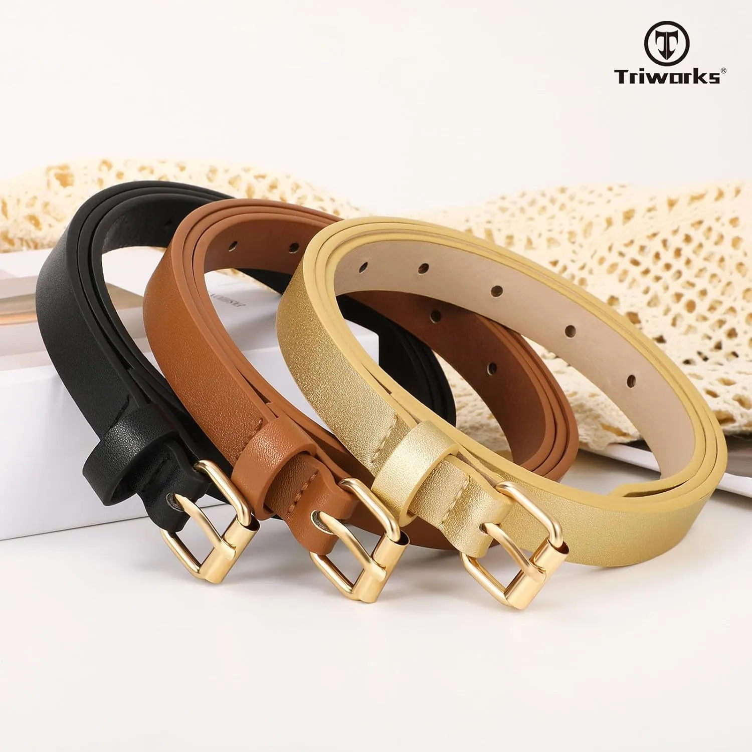 3 Pack Women Skinny Leather Belt for Jeans Pants Dress Ladies Thin Waist Belt with Gold Buckle