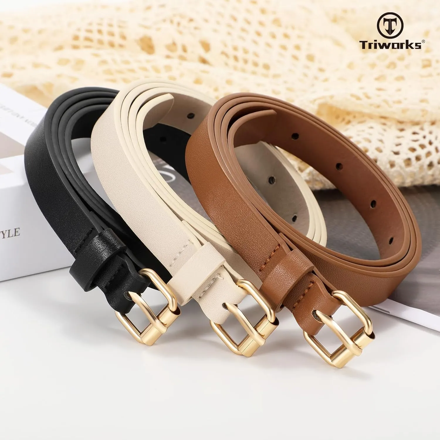 3 Pack Women Skinny Leather Belt for Jeans Pants Dress Ladies Thin Waist Belt with Gold Buckle