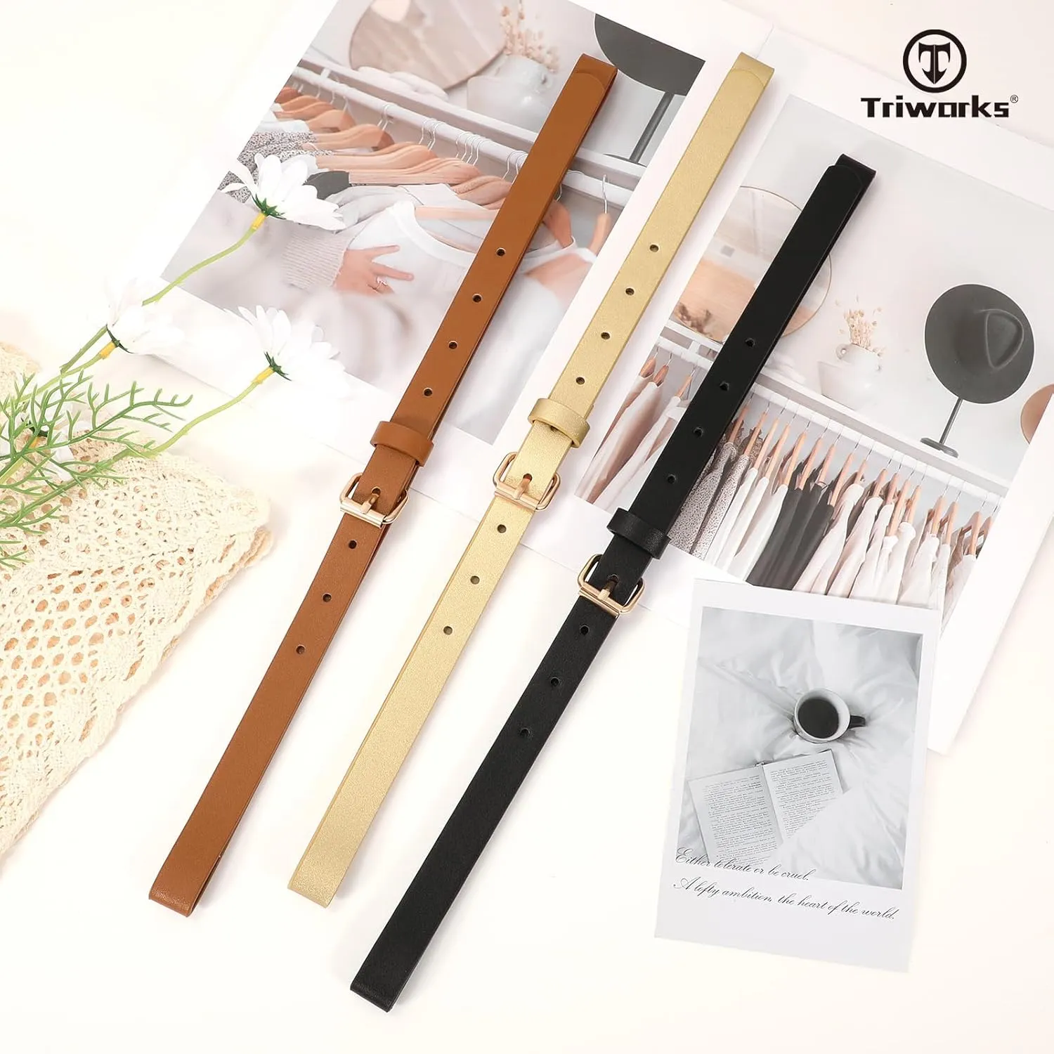 3 Pack Women Skinny Leather Belt for Jeans Pants Dress Ladies Thin Waist Belt with Gold Buckle
