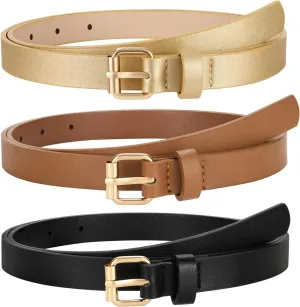 3 Pack Women Skinny Leather Belt for Jeans Pants Dress Ladies Thin Waist Belt with Gold Buckle