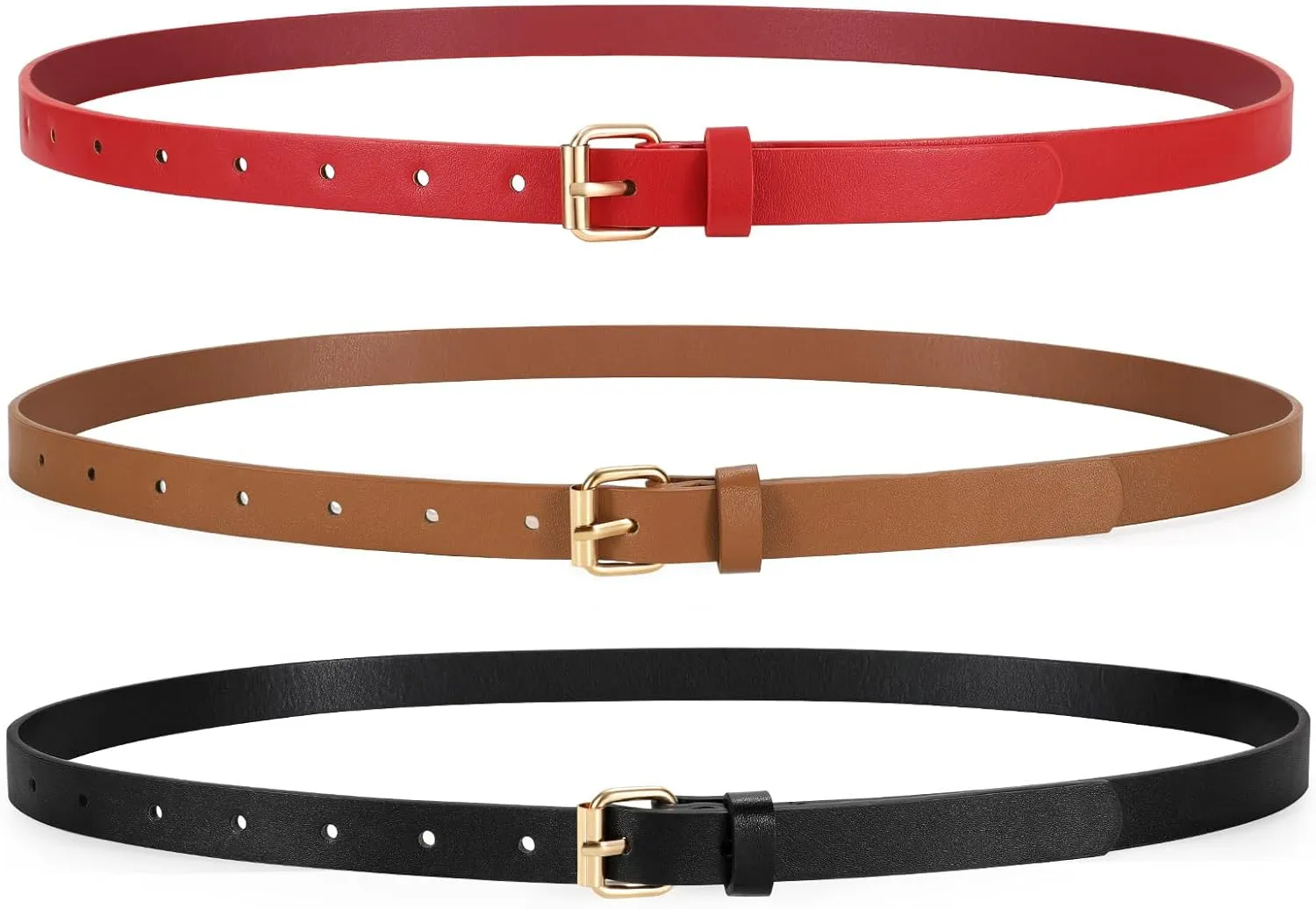 3 Pack Women Skinny Leather Belt for Jeans Pants Dress Ladies Thin Waist Belt with Gold Buckle