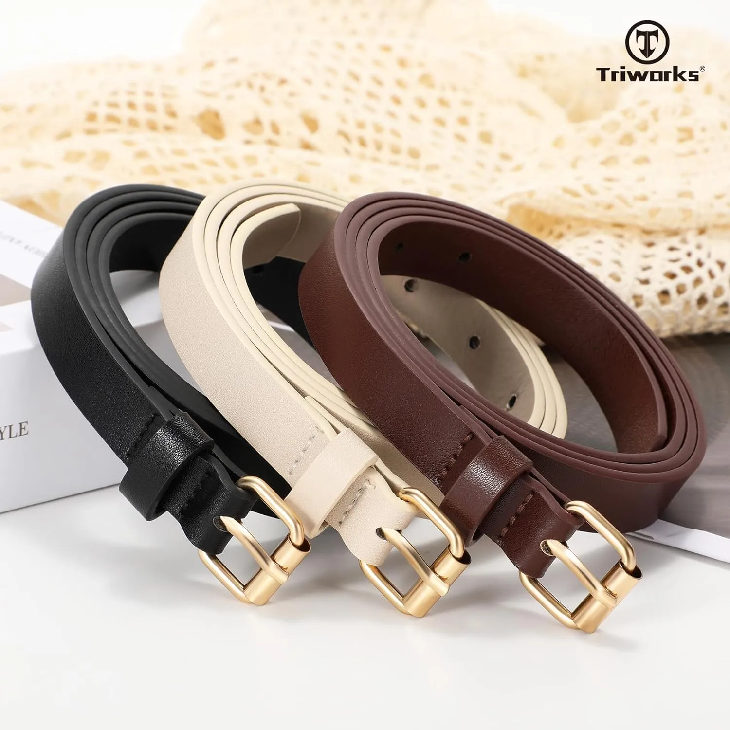 3 Pack Women Skinny Leather Belt for Jeans Pants Dress Ladies Thin Waist Belt with Gold Buckle