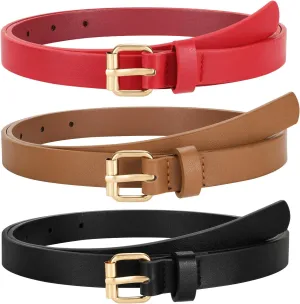 3 Pack Women Skinny Leather Belt for Jeans Pants Dress Ladies Thin Waist Belt with Gold Buckle