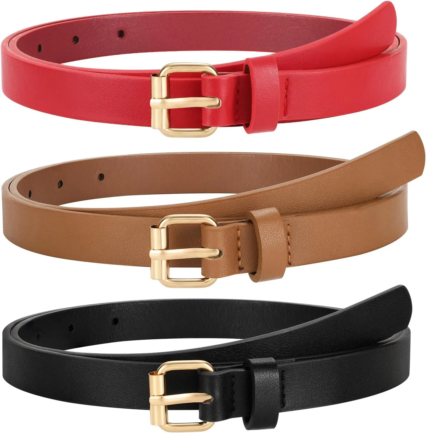 3 Pack Women Skinny Leather Belt for Jeans Pants Dress Ladies Thin Waist Belt with Gold Buckle