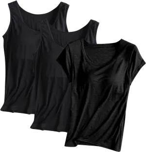 3PC T-Shirt with Built-in Bra Women Workout Tank Tops Sleeveless Padded Bras Soft Pajama Top Plus Size Modal Shirt