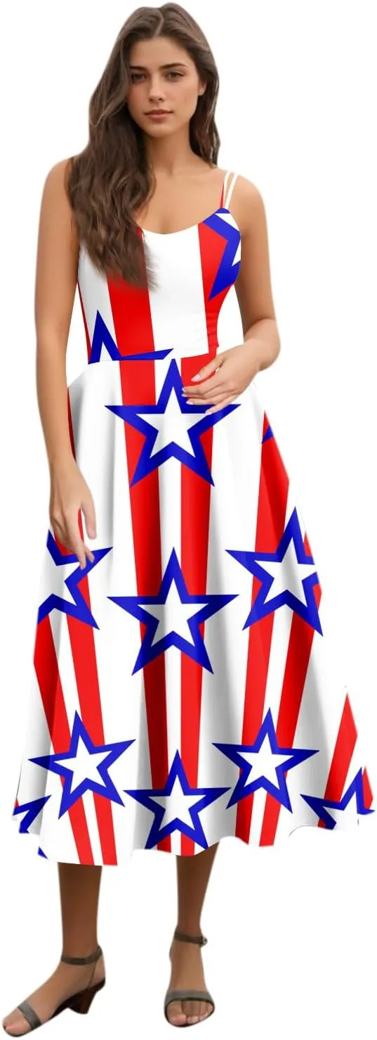 4Th of July Dresses for Women Midi Red White and Blue Dress Sleeveless USA Flag Dresses Holiday Festival Party Dress