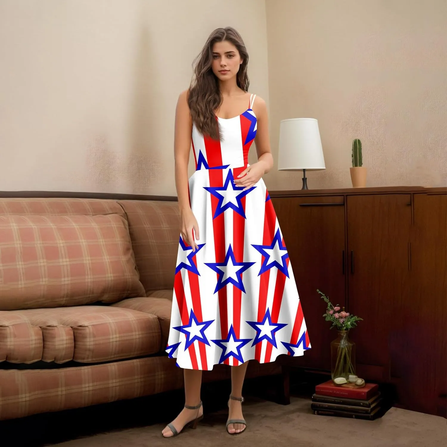 4Th of July Dresses for Women Midi Red White and Blue Dress Sleeveless USA Flag Dresses Holiday Festival Party Dress