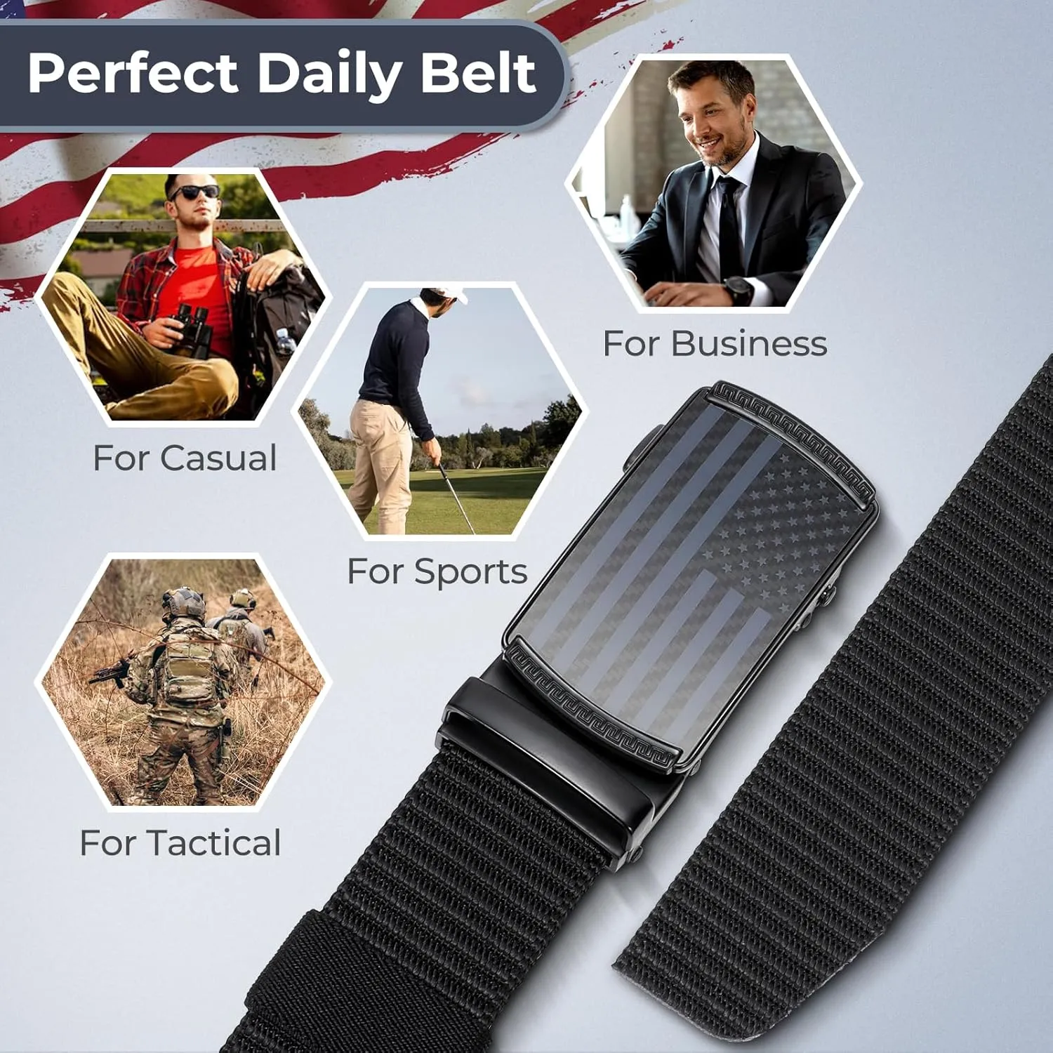 American Flag Belt for Men Black Nylon Ratchet Belts 4th of July Patriotic Decorations