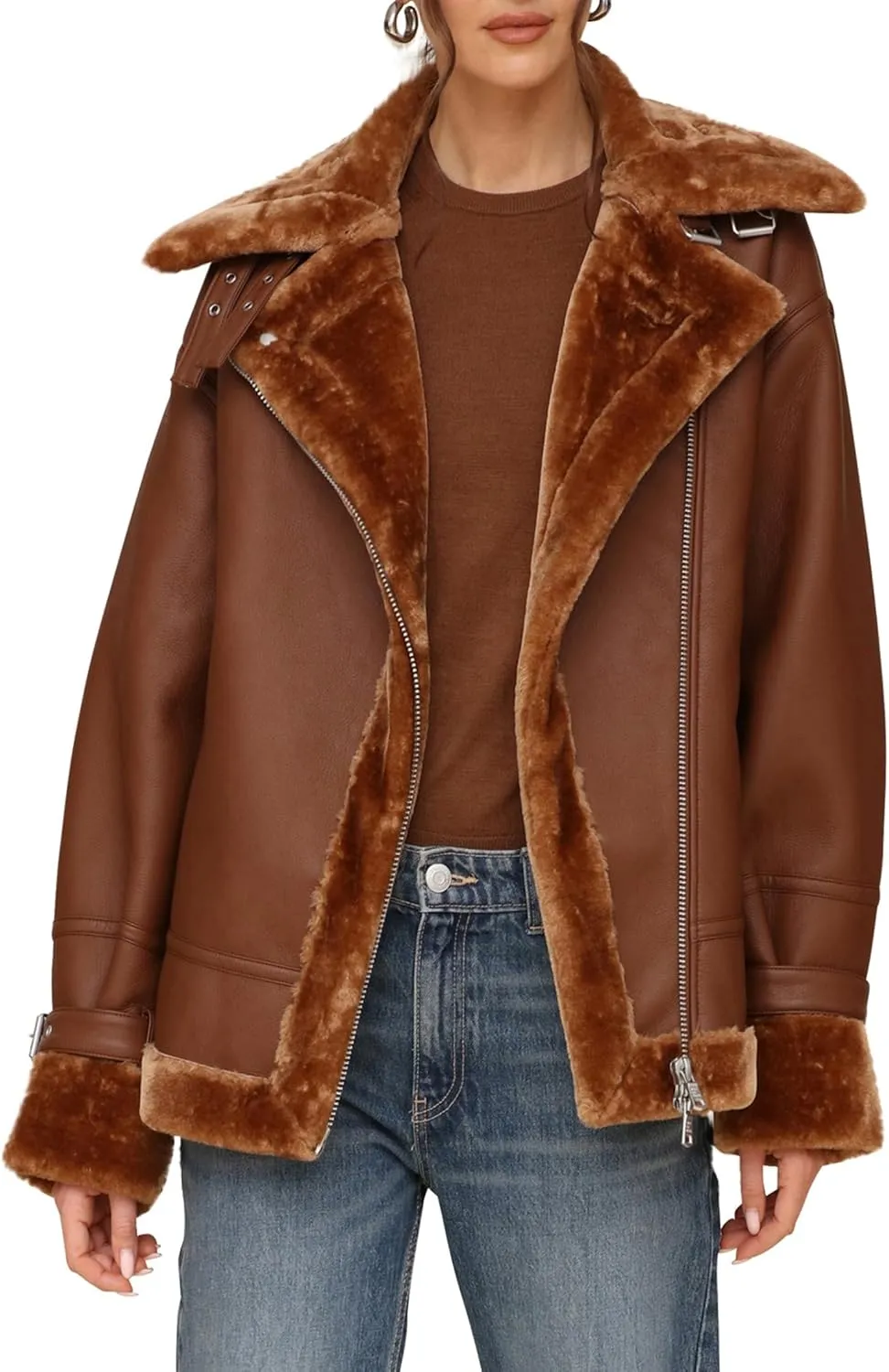 Avec Les Filles Women's Oversized Faux Shearling Moto Coat