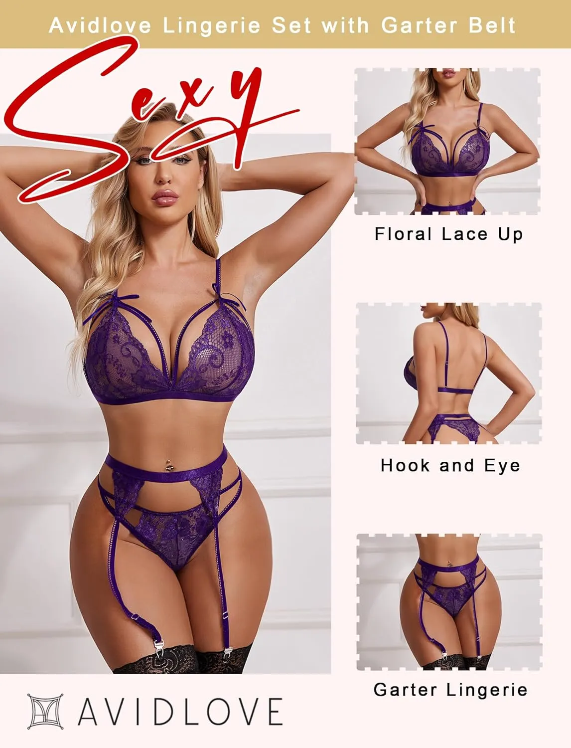 Avidlove Women Lingerie Set Lace Teddy Strap Babydoll Bodysuit with Garter Belts