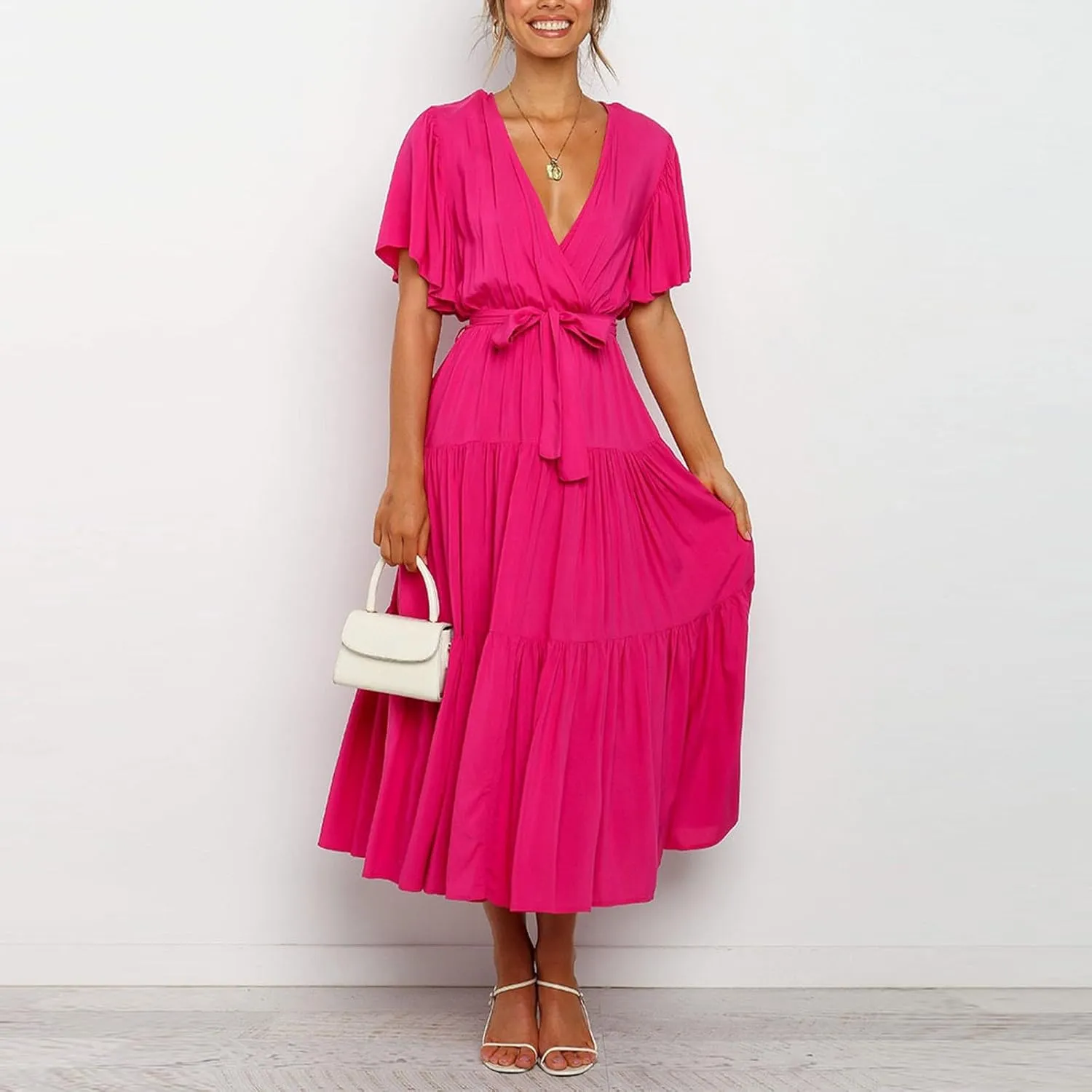 Beach Dresses for Women Summer Pleated Dress Short Sleeve V Neck Midi Dresses High Waist Party Dress Spring with Belt