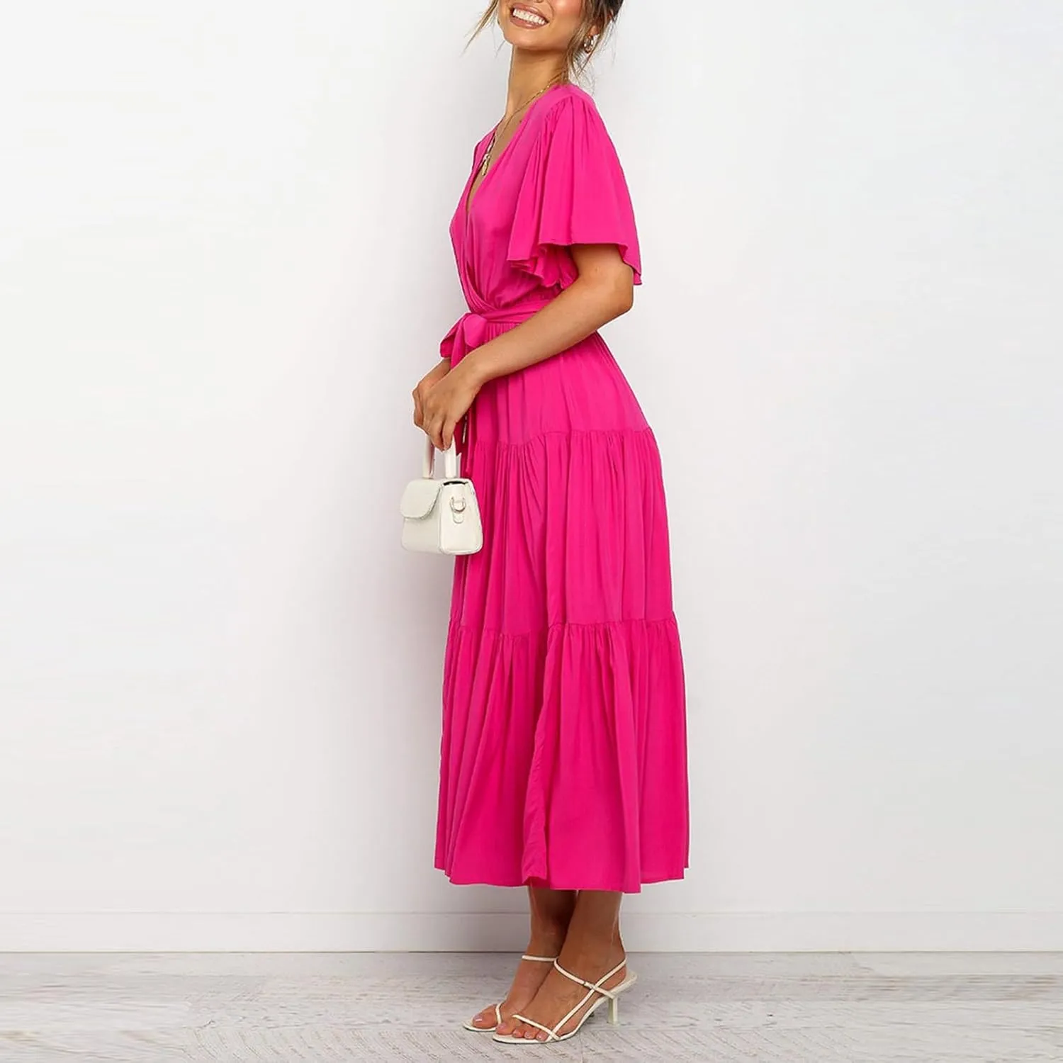 Beach Dresses for Women Summer Pleated Dress Short Sleeve V Neck Midi Dresses High Waist Party Dress Spring with Belt