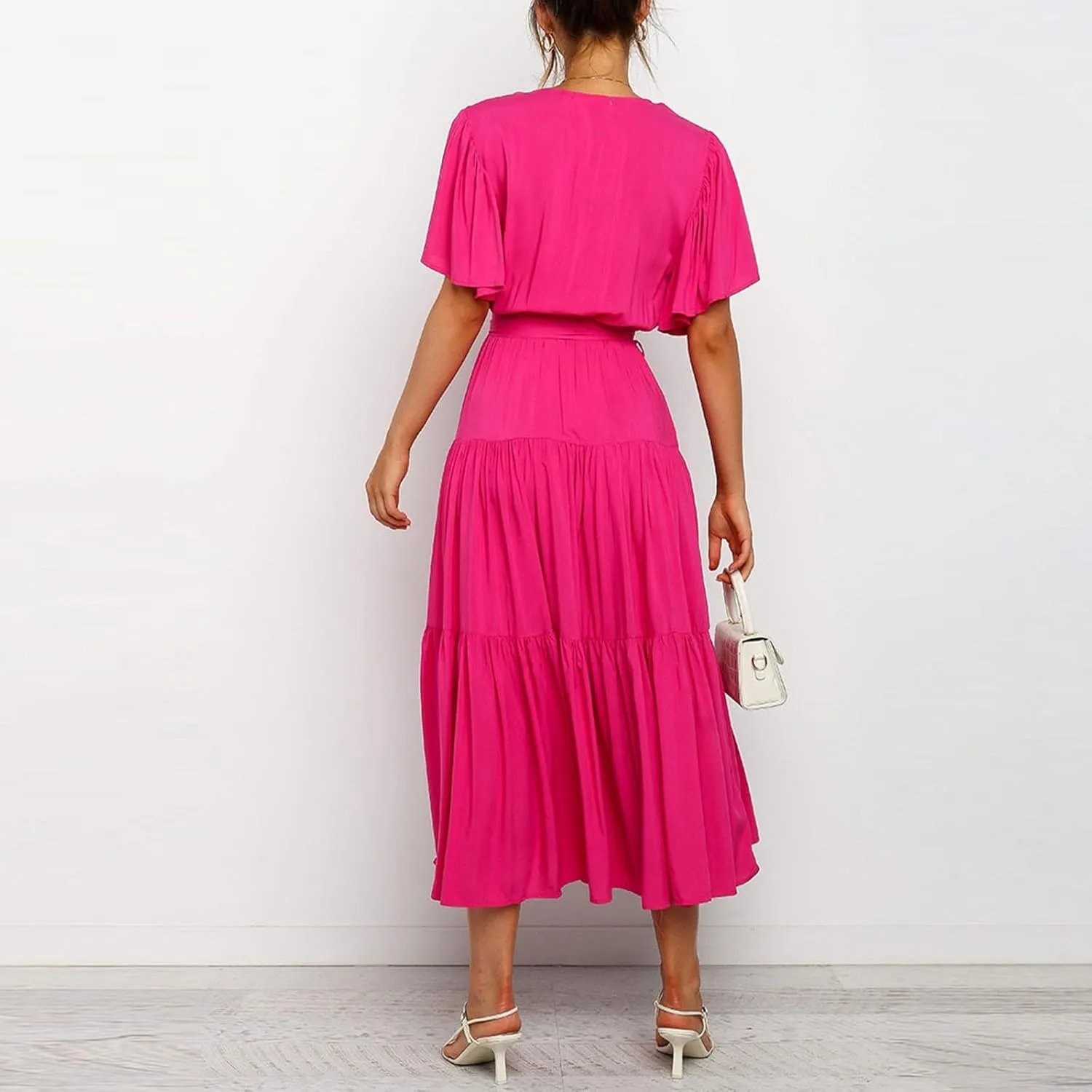 Beach Dresses for Women Summer Pleated Dress Short Sleeve V Neck Midi Dresses High Waist Party Dress Spring with Belt
