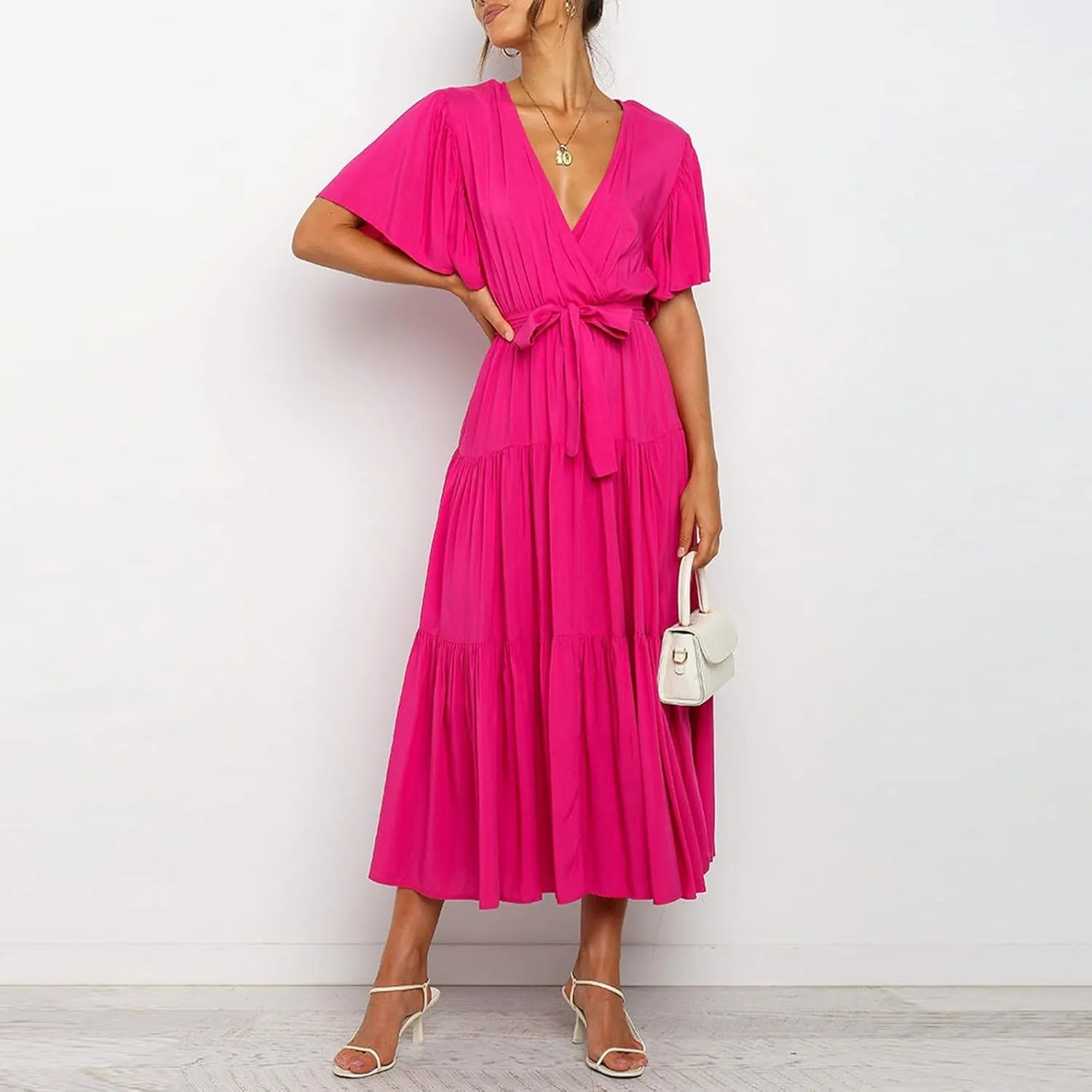 Beach Dresses for Women Summer Pleated Dress Short Sleeve V Neck Midi Dresses High Waist Party Dress Spring with Belt
