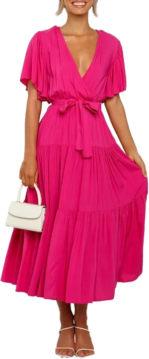Beach Dresses for Women Summer Pleated Dress Short Sleeve V Neck Midi Dresses High Waist Party Dress Spring with Belt