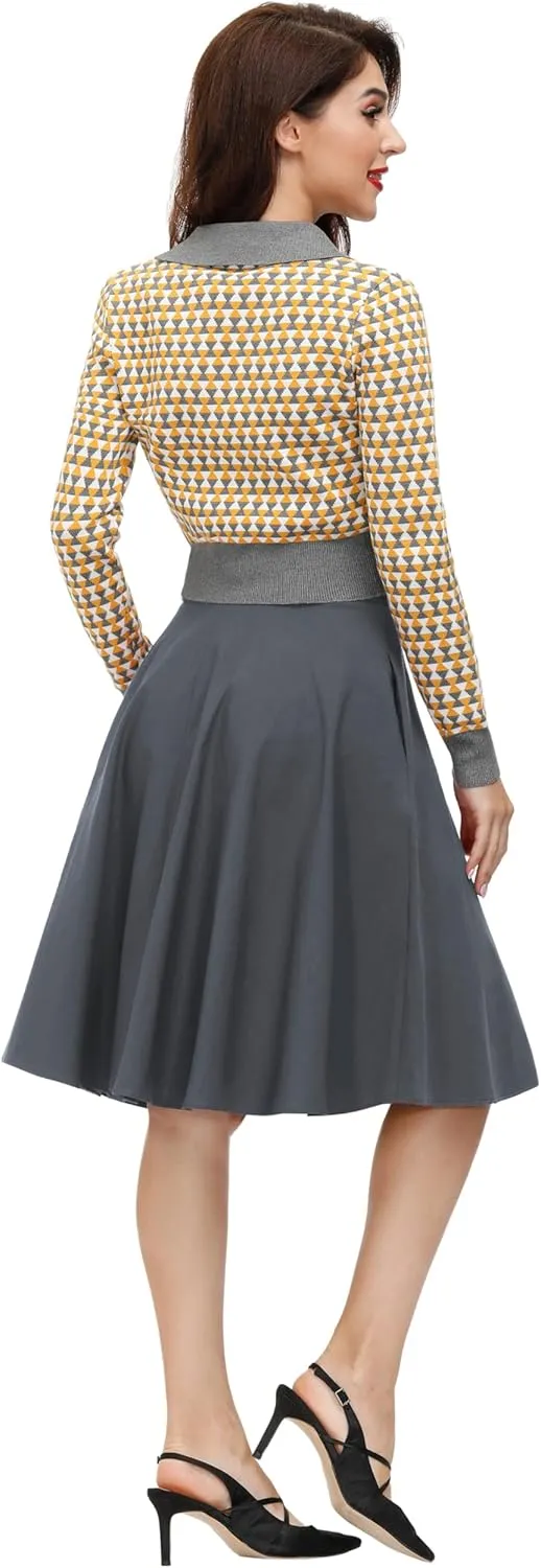 Belle Poque Women's Vintage Skirts High Waisted Flared A-Line Midi Skirt with Belt Pockets & Belts