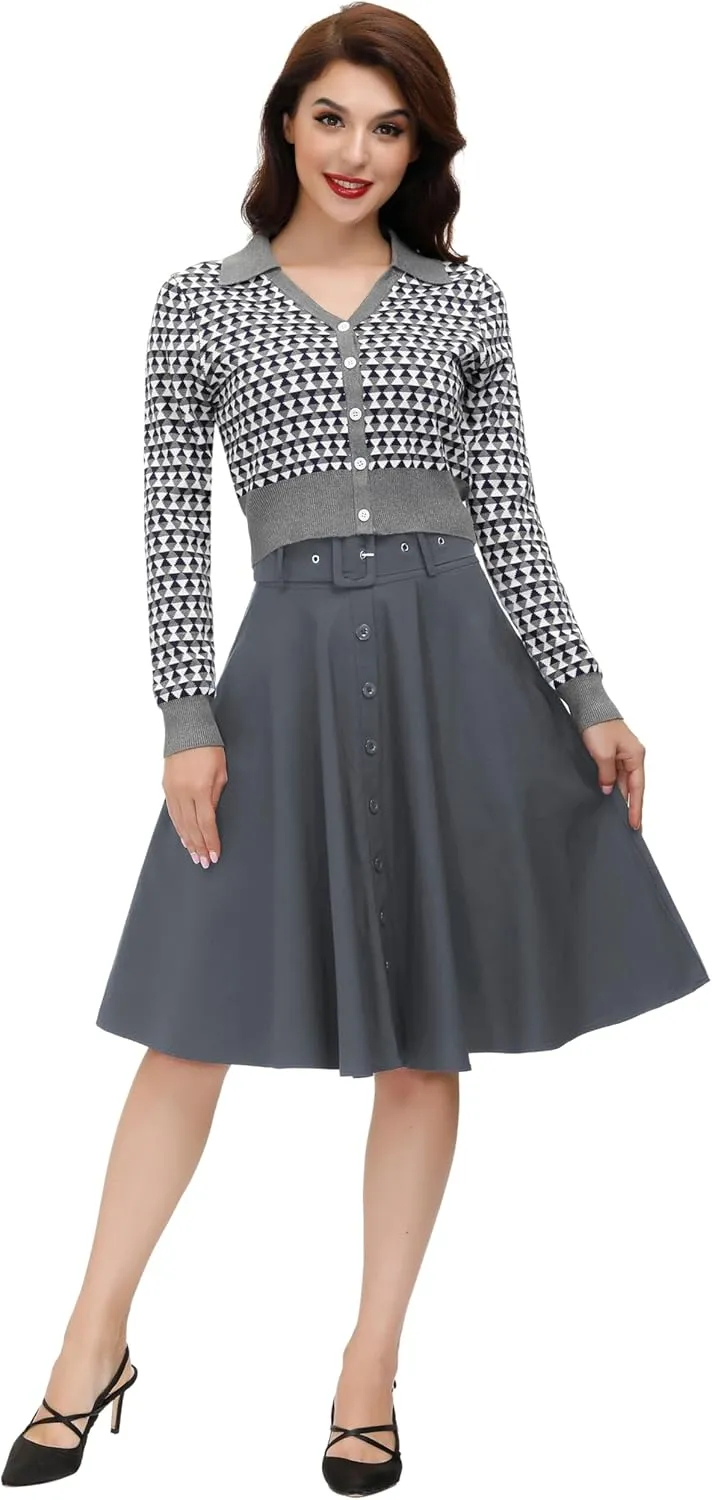 Belle Poque Women's Vintage Skirts High Waisted Flared A-Line Midi Skirt with Belt Pockets & Belts