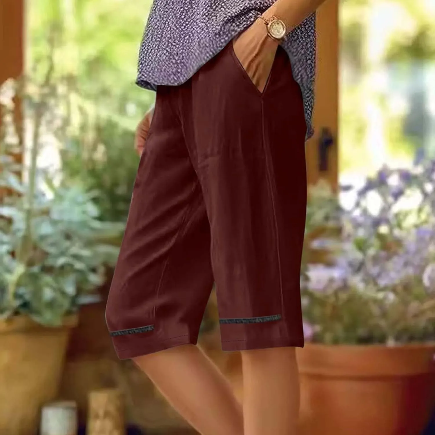 Bermuda Drawstring Beach Shorts Wide Leg Linen Shorts Elastic High Waisted Pleated Casual Loose Bermuda Shorts, Large