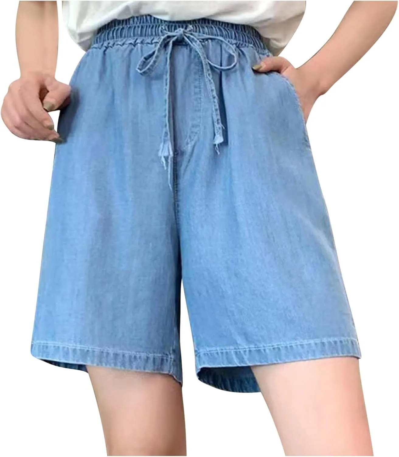 Bermuda Jean Shorts for Women High Waisted Lightweight Comfy Denim Shorts Casual Drawstring Elastic Waist Jean Shorts