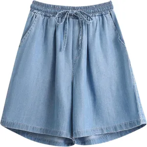 Bermuda Jean Shorts for Women High Waisted Lightweight Comfy Denim Shorts Casual Drawstring Elastic Waist Jean Shorts