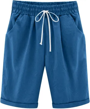 Bermuda Shorts for Women Knee Length Plus Size Linen Shorts Drawstring SweatShorts Athletic Workout Shorts with Pocket