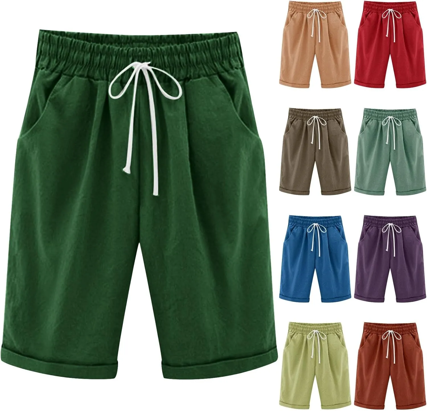 Bermuda Shorts for Women Knee Length Plus Size Linen Shorts Drawstring SweatShorts Athletic Workout Shorts with Pocket