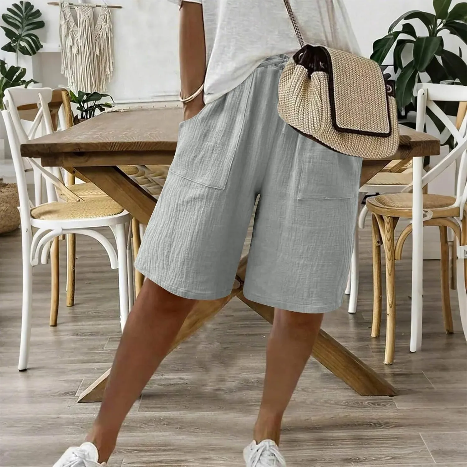 Bermuda Shorts for Women Wide Leg Linen Knee Length Summer Casual Long Shorts Loose High Waisted Short with Pockets
