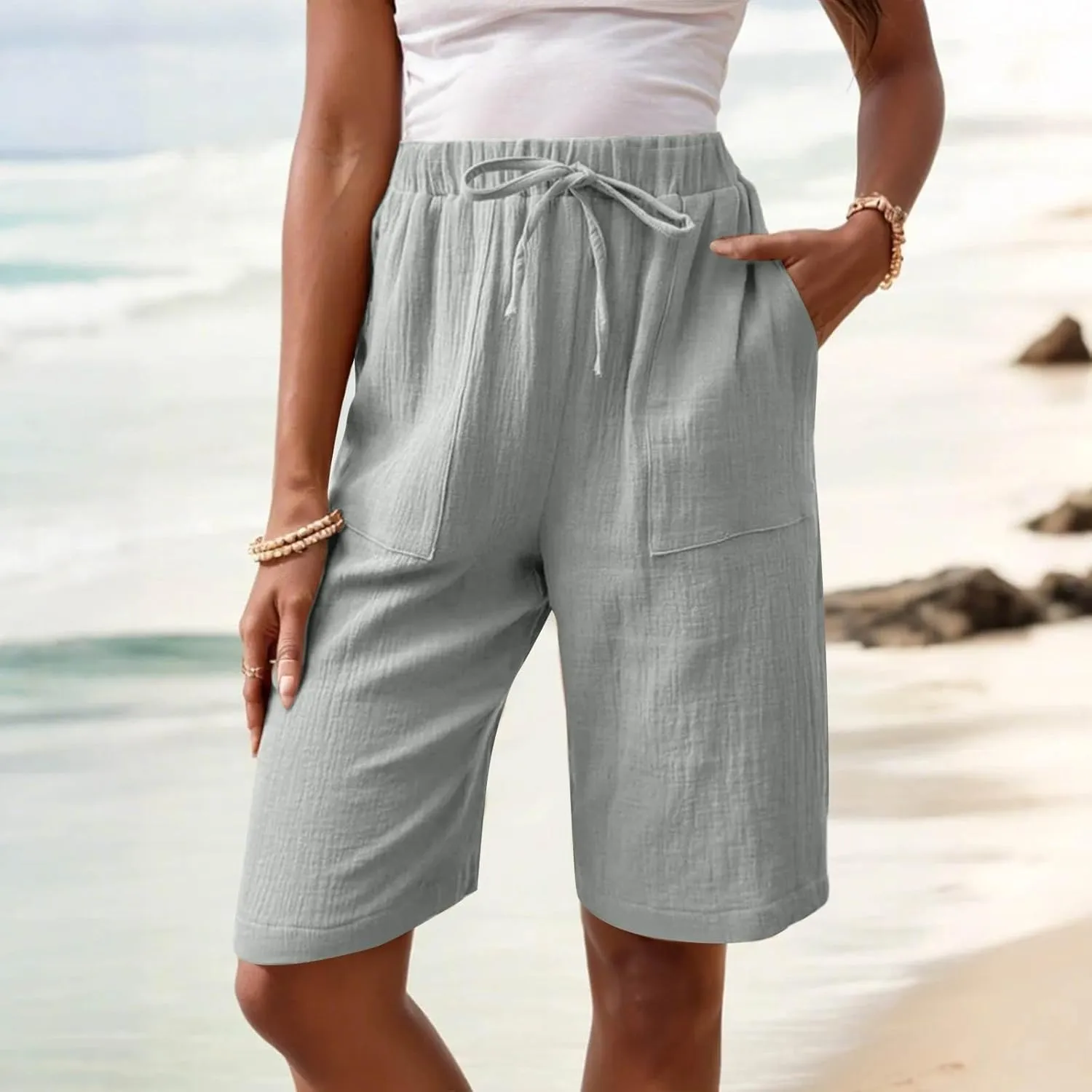 Bermuda Shorts for Women Wide Leg Linen Knee Length Summer Casual Long Shorts Loose High Waisted Short with Pockets