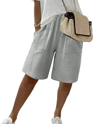 Bermuda Shorts for Women Wide Leg Linen Knee Length Summer Casual Long Shorts Loose High Waisted Short with Pockets