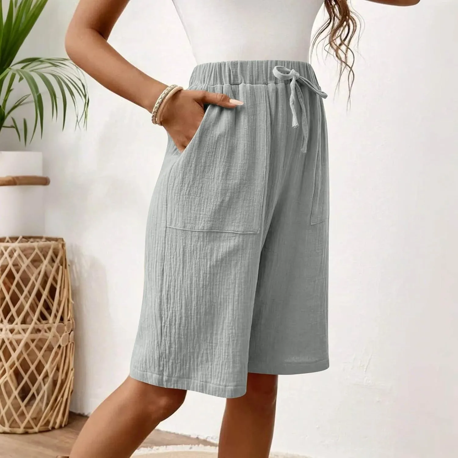 Bermuda Shorts for Women Wide Leg Linen Knee Length Summer Casual Long Shorts Loose High Waisted Short with Pockets