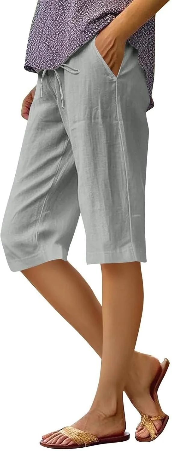 Bermuda Shorts for Women Wide Leg Linen Knee Length Summer Casual Long Shorts Loose High Waisted Short with Pockets