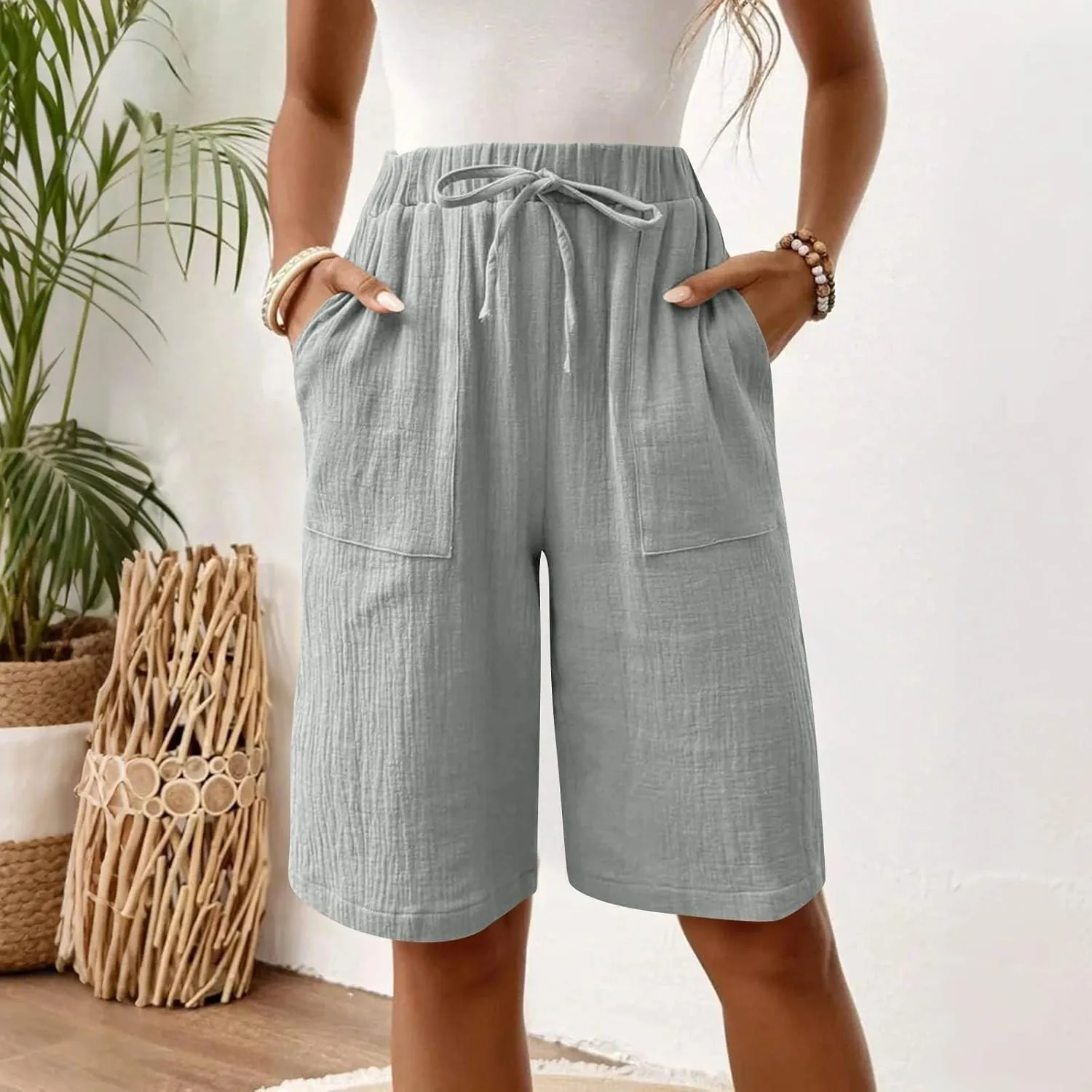 Bermuda Shorts for Women Wide Leg Linen Knee Length Summer Casual Long Shorts Loose High Waisted Short with Pockets